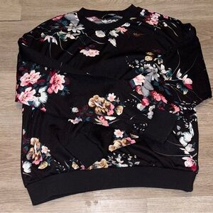 SHEIN Black Floral Crewneck Sweater with Pink & Cream Blooms